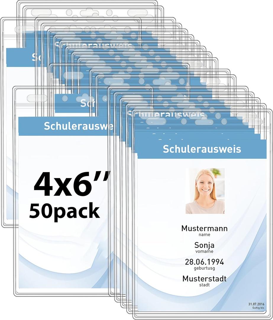 Plastic Vertical Card Holder (4 x6 Inch, Clear, 50 Pack), Passport Holder, ID Card Holder, Name Tag Holder, Topload Name Badge Holders, No Zipper ID Badge Holders