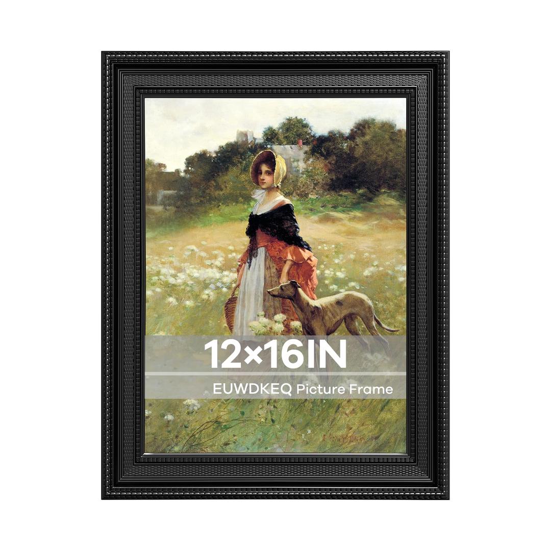 EUWDKEQ 12x16 Frame, 12 x 16 Luxury Wide Picture Frame, Elegant Ornate Embossed Decorative Poster Frame for Art Prints, Posters, Photos, Home Wall Decor & Gallery Display, Black