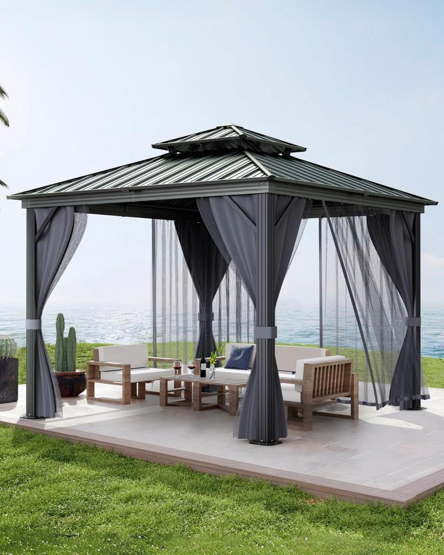 GarveeLife Hardtop Gazebo 12 ft x12 ft for All Weather, with Double Metal Roof, Aluminum Alloy Frame, Net, and Curtain, Permanent Building for Patio, Deck, Backyard, Lawn, and Garden