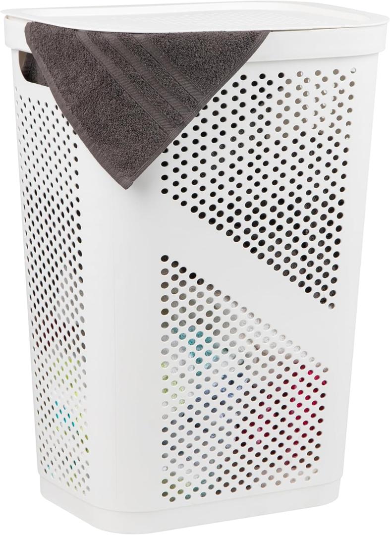 Mind Reader 60L Slim Laundry Hamper, Clothes Basket, Lid, Ventilated, Plastic, 17.25"L x 13.75"W x 23.5"H, White