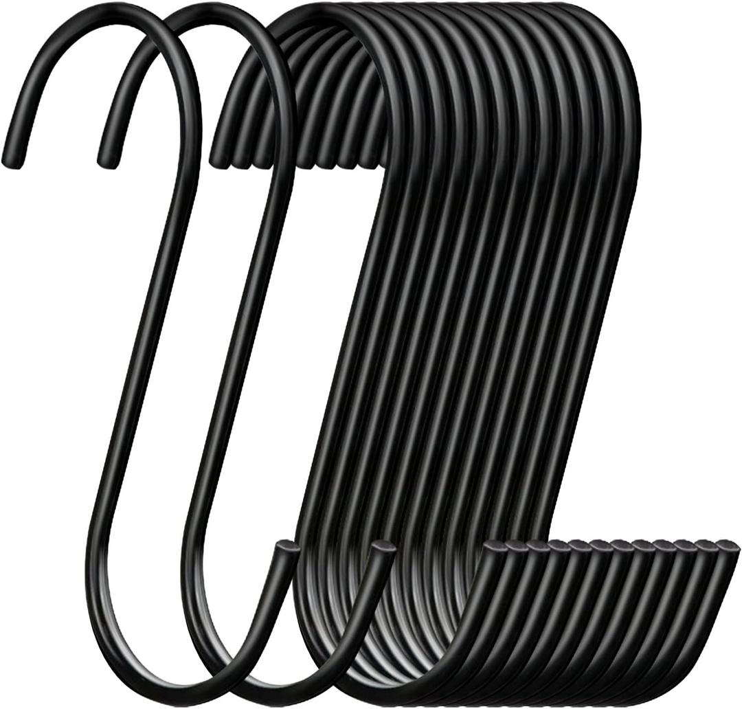 ESFUN 30 Pack 3.7 inch Length S Hooks Black Steel S Shaped Hooks for Hanging Jeans Pans Pots Plants Bags Towels Kitchen Closet Hooks Hanger, Fit The Rod Dia Less than1 inches