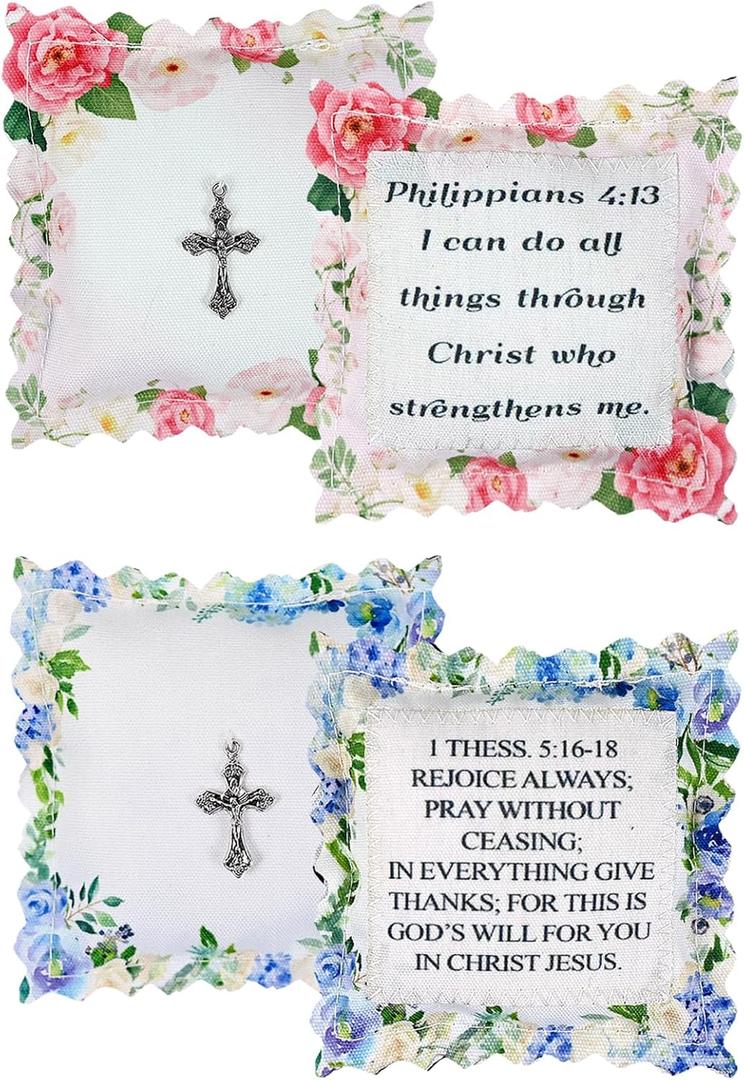 2 x 2 Pack Mini Pocket Prayer Quilt with Metal Cross Inside, Religious Encouragement Gift for Women Men, Inspirational Comfort Cloth with Scripture, Christian Sympathy Get Well Gift for Friends & Family