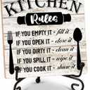 Rustic Wood Plaque with Stand - Kitchen Decor - Kitchen Rules Wood Sign - Idea Wooden Decor for Home Living Room Dining Room Shelf Table Decoration (31)