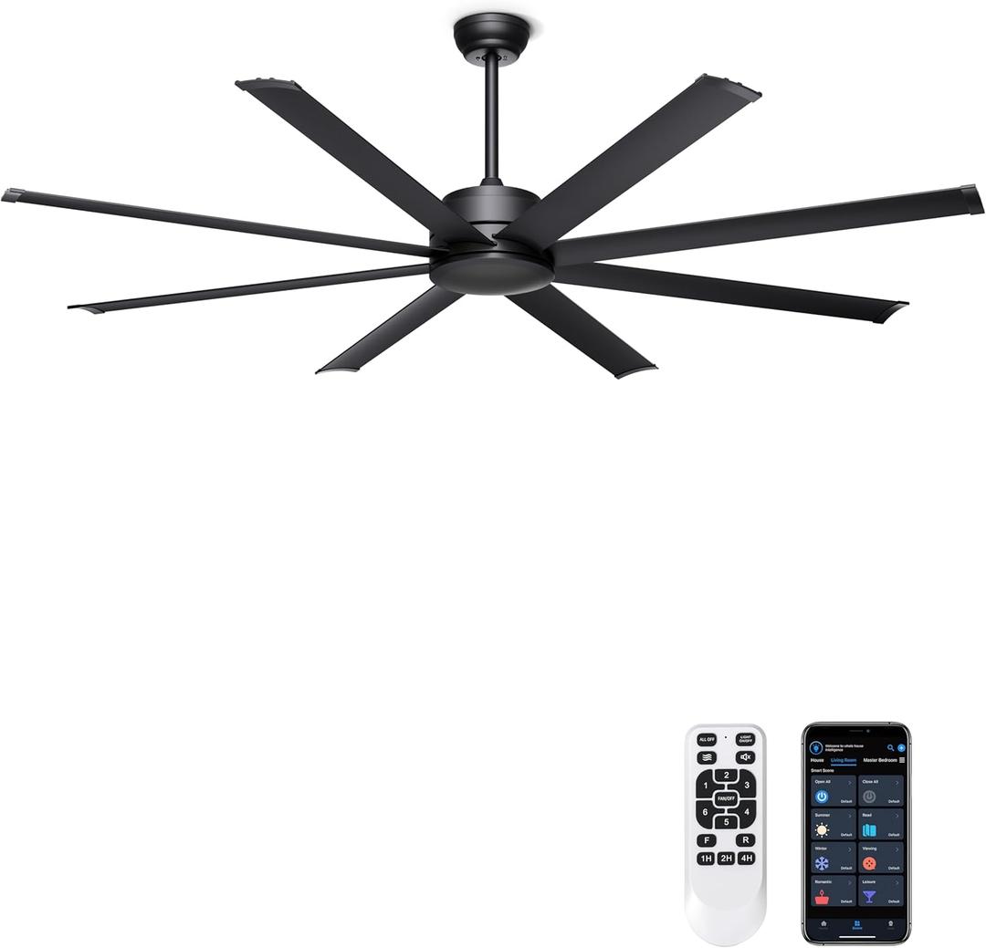 Ohniyou 72" Large Ceiling Fan No Light - Industrial Fan Remote & APP Control, Quiet DC Motor, Indoor/Outdoor Ceiling Fan for Patio, Shop, Garage, Aluminum Blades, Black