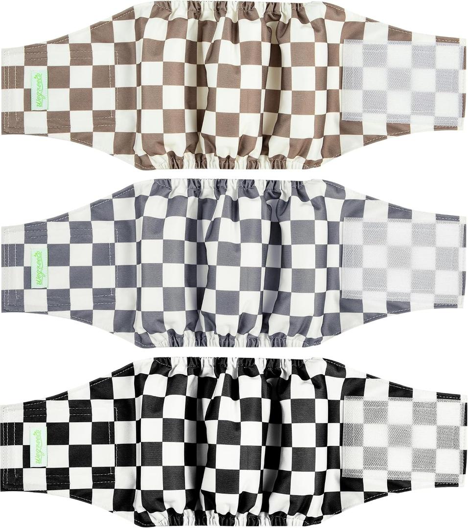 wegreeco Washable Male Dog Belly Band (Stylish Pattern)- Pack of 3 - Washable Male Dog Belly Wrap, Dog Diapers Male (Black, Grey, Dark Coffee Checkerboard, Large)