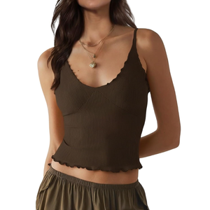 Sunzel Women Camisole Seamless Adjustable Spaghetti Strap V Neck Ribbed Tank Crop Tops Backless Ruffle Sleeveless Cami M/L