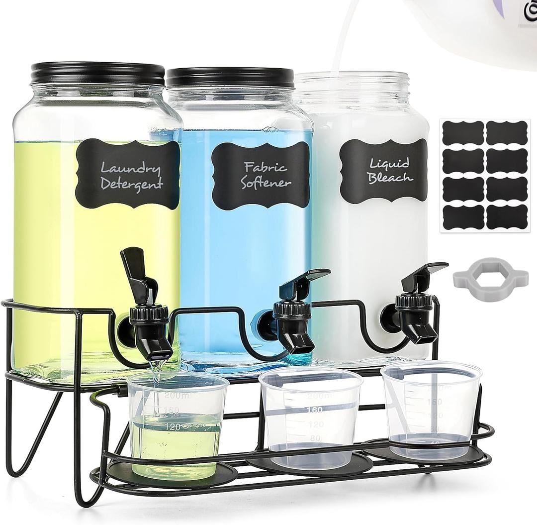 3 Sets 2.2L Liquid Laundry Detergent Dispenser, Glass Laundry Soap Dispenser with Stand, Measuring Cup, Fabric Softener Dispenser for Laundry Room Organization