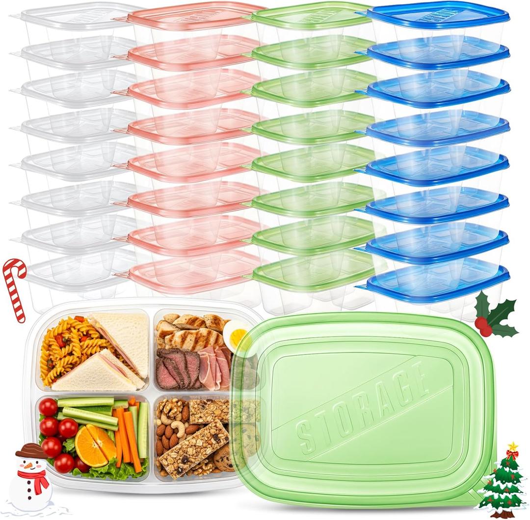 Havawish 32 Pack 37 oz Bento 4 Compartment Meal Prep Container with Reusable Lid Togo Take out Plastic Storage Containers Lunch Bento Boxes, Large, Shrink Wrap, Leakproof, Microwave Freezer Safe