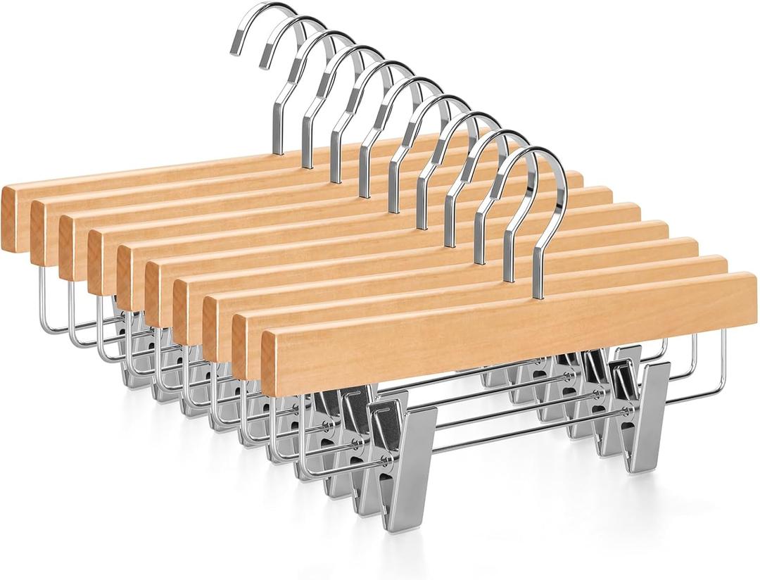 TOPIA HANGER Pants Hangers, Luxury Natural Wooden Skirts Hangers with 2 Big Premium Metal Clips and 360 Swivel Anti-Rust Flat Hook, 20 Pack Boutique Hanger for Skirts, Trousers, Jeans, Slacks, CT03N