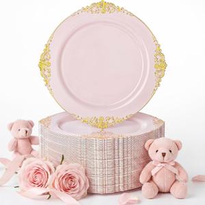 Nervure 100PCS Pink and Gold Plastic Plates - 10.25Inch Pink Disposable Plates - Plastic Dinner Plate for Weddings & Parties & Mothers Day