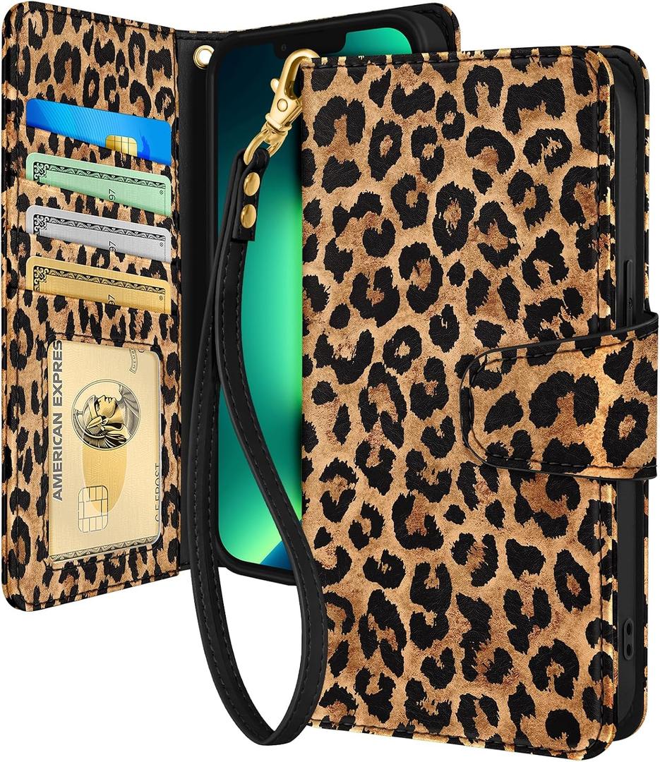 Toycamp for iPhone 13 Pro Max Wallet Case with Wrist Strap - Leather Flip Folio Phone Case with RFID Blocking 4 Card Holder for Apple for iPhone 13 Pro Max Funda Cute for Women Ladies, Leopard Print