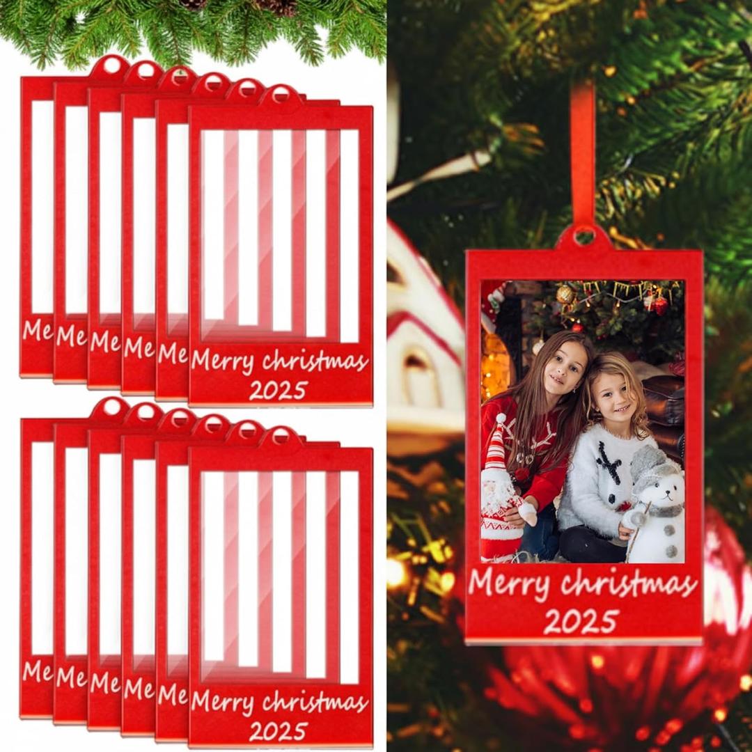 Vercraft 12 Christmas Acrylic Picture Frames Ornaments 2026 Photo Frame 2 x 3 Inches with Satin Ribbon Double Sided Picture Ornaments for Christmas Tree (Remove the Surface Film Before Use) (Red)