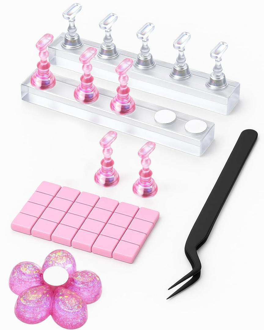Nail Stand for Press On Nails  2 Set Acrylic Nail Holders for Nail Art Practice, 10 Nail Stands, 60Pcs Reusable Putty, Flower Shaped Base & Tweezers, Nail Art Tool Kit for Salon & Home