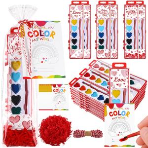 24 Set Valentine's Day Gifts for Kids Watercolor Paint Sets with Cards Heart Shaped Watercolor Paint Sets for Kids Class Valentines Party Favors School Classroom Exchanges Gift(Lovely Style)