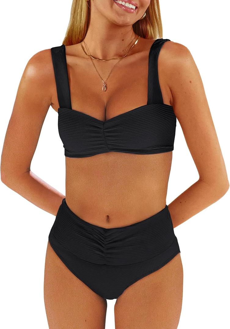 ANRABESS Bathing Suit for Women Tummy Control Bikini Set 2026 Beach Front Ruched Mid Waist Swimsuit with Adjustable Straps (X-Large, Black)