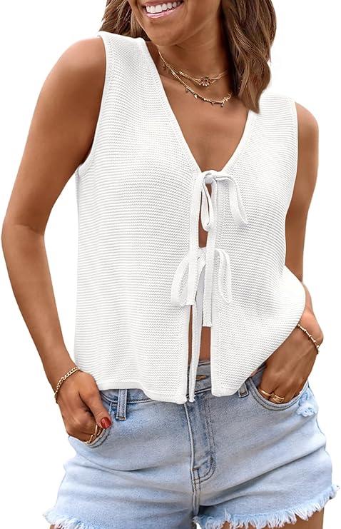 LILLUSORY Women's Crochet Tops Ladies Summer Vacation Outfits Beach Fashion Tank Y2K 2025 Cute Clothes Tie Front Sweater Vest (Large, White)