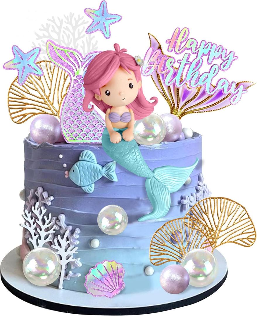 DRWATE Mermaid Cake Toppers with 3D Mermaid Shell Starfish Fishtail Balls for Kids Girls Birthday Party Baby Shower Supplies (Style1)