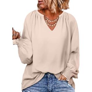 Eytino Womens Plus Size Tops Sexy V Neck Smocked Long Sleeve Casual Chiffon Blouse Flowy Work Shirts(1X-5X) (XXXL)