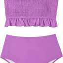 RXRXCOCO Womens Shirred Bandeau Bikini Cute Two Piece Swimsuit Off Shoulder High Waist Bathing Suit (XS)