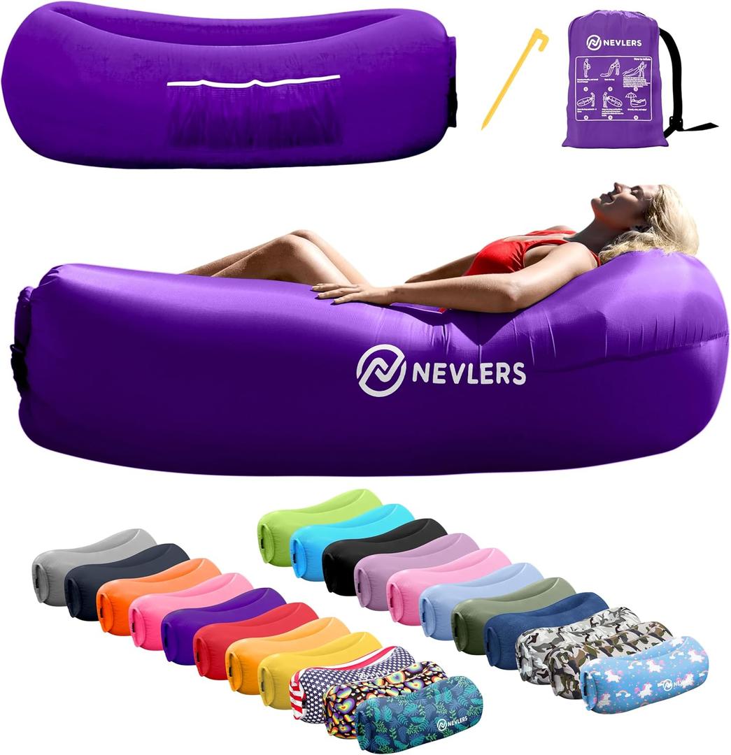 Nevlers Inflatable Lounger | 210T Polyester Inflatable Chair | No-Pump Blow Up Couch | Camping Couch Air Sofa Bed w/ 450 lbs. Cap., Pockets & Matching Bag | Use as Inflatable Couch for Adults & Kids (Purple)