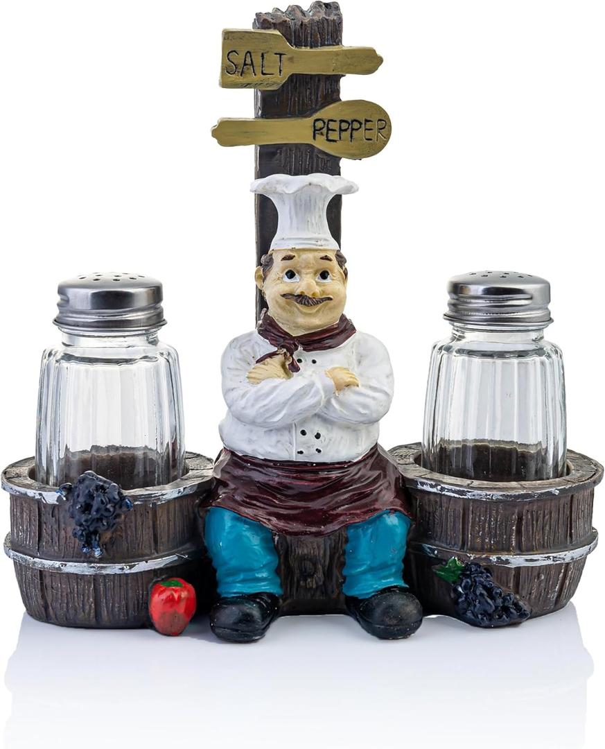 Decorative Spice Dispenser Shaker Holder - Salt And Pepper Dispenser Resin Cook Statue Salt & Pepper Shakers with Grape Accent Jars - with Glass Spice Jars