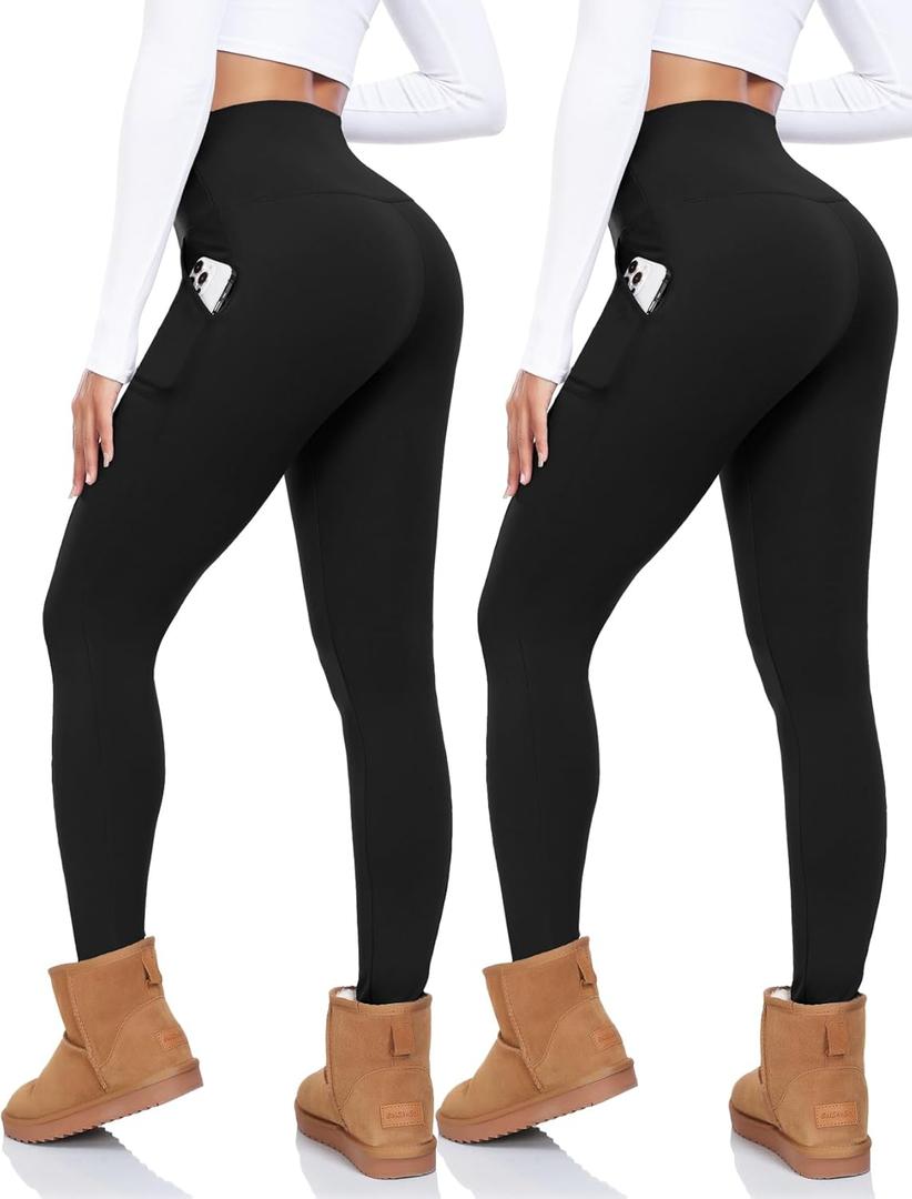 CTHH 1 Pack Fleece Lined Leggings Women with Pockets - High Waisted Soft Winter Thermal Warm Tummy Control Yoga Pants (Black, Large)
