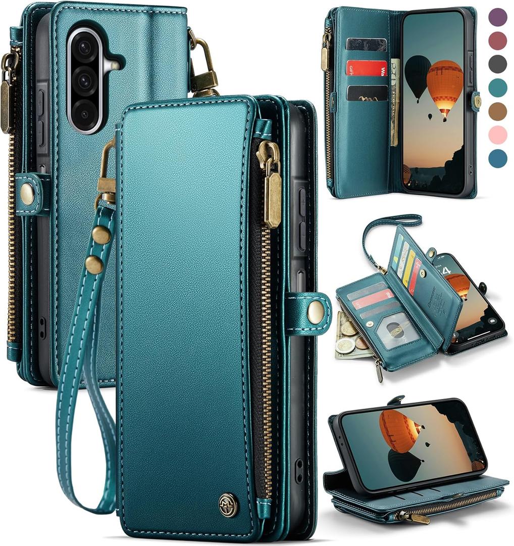Defencase for Galaxy A36 5G Case Wallet with RFID Blocking Card Holder for Women Men, Fashion PU Leather Magnetic Snap Flip Zipper Wrist Strap Wallet Phone Case for Samsung Galaxy A36 5G, Blue Green