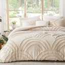 ENJOHOS Boho Queen Comforter Set Beige Tufted Rainbow Bedding for Queen Size Bed, Boho Chic Decor, 3 Pieces Lightweight Fluffy Soft Microfiber Cream Comforter with 2 Pillow Cases for All Season