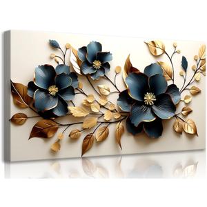 Qenundme Large Flower Canvas Wall Art for Living Room Bedroom Home Office Print Painting Gold and Dark Blue Floral Botanical Picture Modern Artwork Flower Prints 24x48In Framed (48L" x 24W")