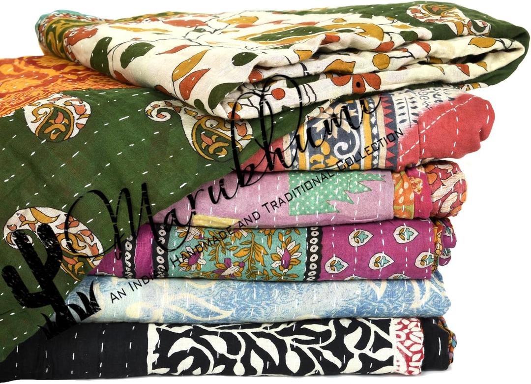 Marubhumi Vintage Kantha Quilt Handmade Reversible Cotton Throw Blanket with Assorted Patchwork | Boho-Style Decorative Bedding for Sofa, Couch, Bed & Picnic | 4 Pc
