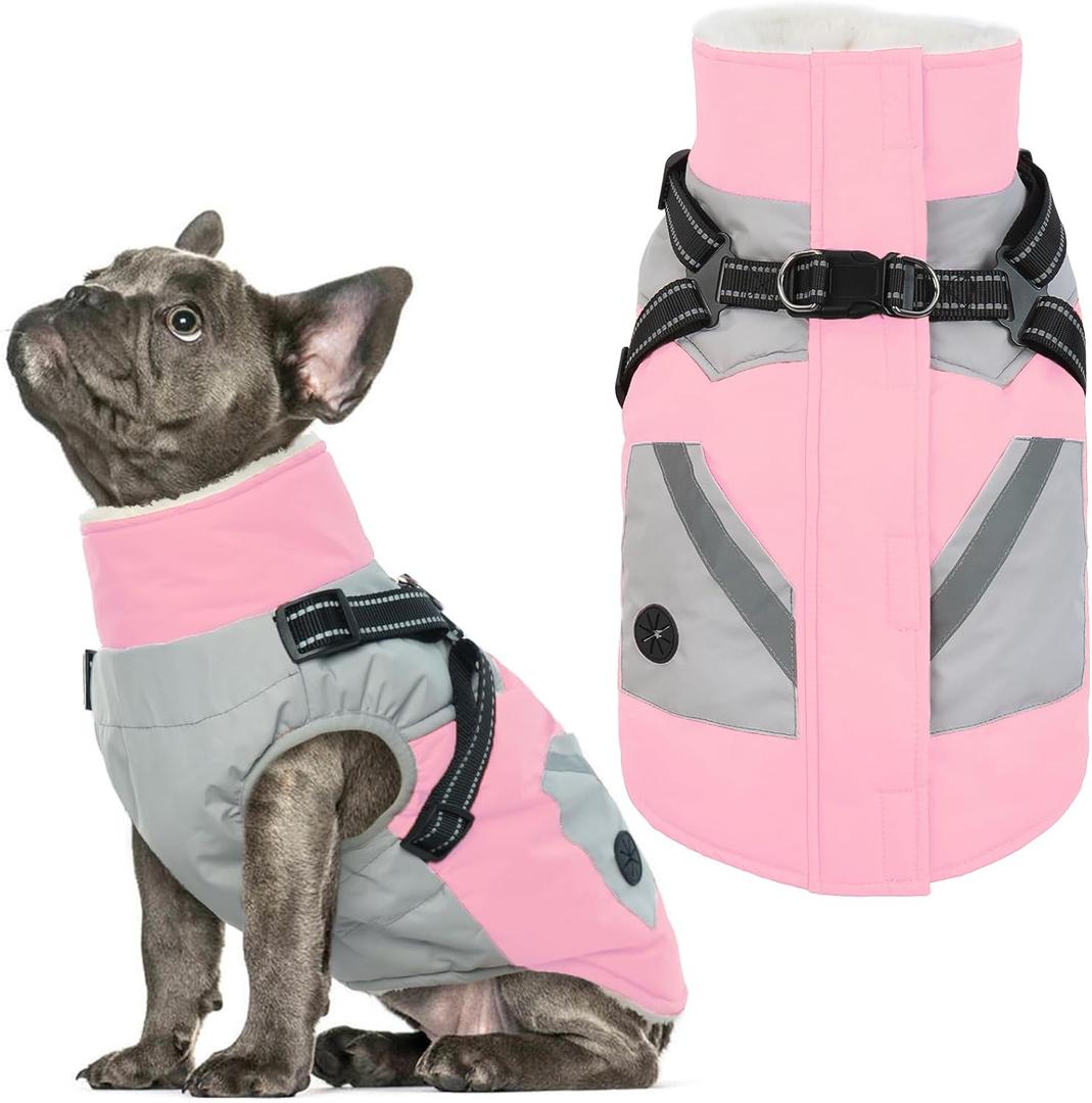 IECOii Dog Winter Coat Waterproof - Pink, Medium - Dog Coat with Harness Built in for Medium Dogs, Thermal Warm Fleece Lined with Zip Up Cold Weather Jacket, Reflective Snowsuit for Outdoor Hiking (Medium(Chest:20.9 in))