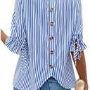 SweatyRocks Women's Button Back Decor Half Sleeve Crewneck Striped Blouse Tops Size M