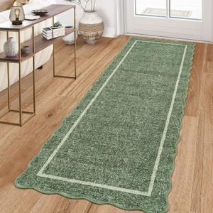 GarveeHome Scalloped Runner Rug for Hallway 2x10 Kitchen Rugs Non Slip Washable Modern Entryway Rug Farmhouse Soft Bathroom Rugs Stain Resistant Carpet for Hallway Laundry Bedroom 2'x10' Greyish Green