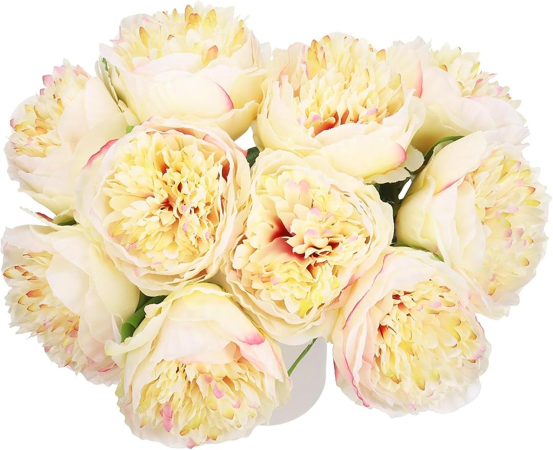 MECCANIXITY Artificial Flower Heads, Silk Peony Leaf Plants Hydrangea Champagne Color Faux Flowers for DIY Craft Wedding and Party Decoration Pack of 10