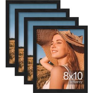 Vittanly 8x10 Picture Frame Set of 4, Display Pictures 5x7 with Mat or 8x10 without Mat, Engineered Wood with Shatter Resistant Plexiglass, Wall Gallery Photo Frames for Wall or Tabletop, Black