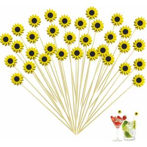 120 Pcs Sun Flower Cocktail Picks 4.7" Drinks Fruits Hawaiian Party Food Garnish Skewer Sticks Halloween Decorations Supplies Cowboy Handmade Bamboo Toothpicks