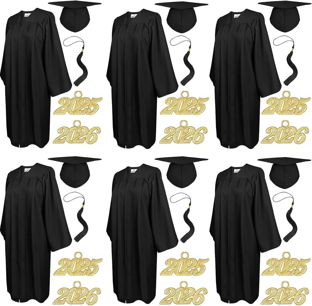 6Pcs Graduation Cap and Gown with Matching Tassels 2026 2025 Year Charm for High School University (Black, M)
