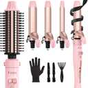 4-in-1 Interchangeable Automatic Rotating Curling Iron & Thermal Brush Set, 0.75''/1''/1.25'' Curling Iron & 1.5'' Heating Round Curling Brush, ONE Heat 410F, Pink