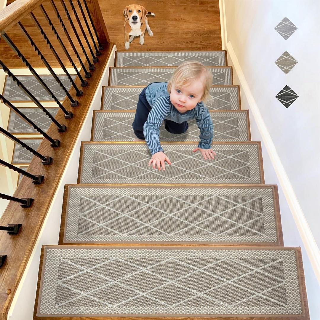 Tyrot 15Pcs 8" x 30" Natural Linen Stair Treads for Wooden Steps Indoor Non Slip Noise Reduction Washable Stair Carpet Runner with Self Adhesive Safety for Kids Elders and Pets Stair Runner, Brown