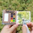 Mini Watercolor Paint Set, Portable Watercolor Paint Travel Set, Pocket Watercolor Travel Kit with 12 Color, Wooden Grid Paint Box, Sketchbook, 6 Brush, for Beginners, Artists Enthusiasts(Wooden-S)