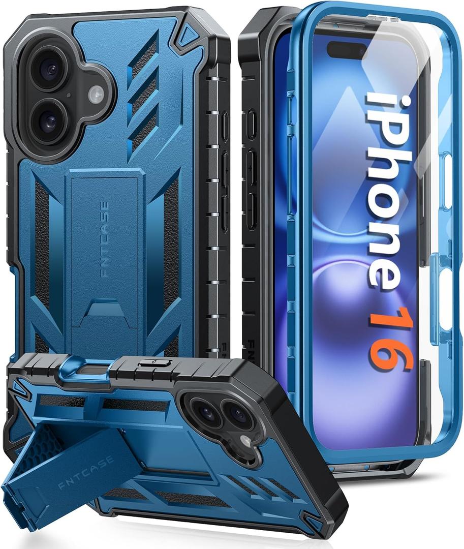 FNTCASE for iPhone 16 Phone Case: Military Grade [Built-in Screen Protector] [Kickstand] Matte Textured Drop Proof Protection Cover | Rugged Shockproof TPU Protective Sturdy Cases - Blue