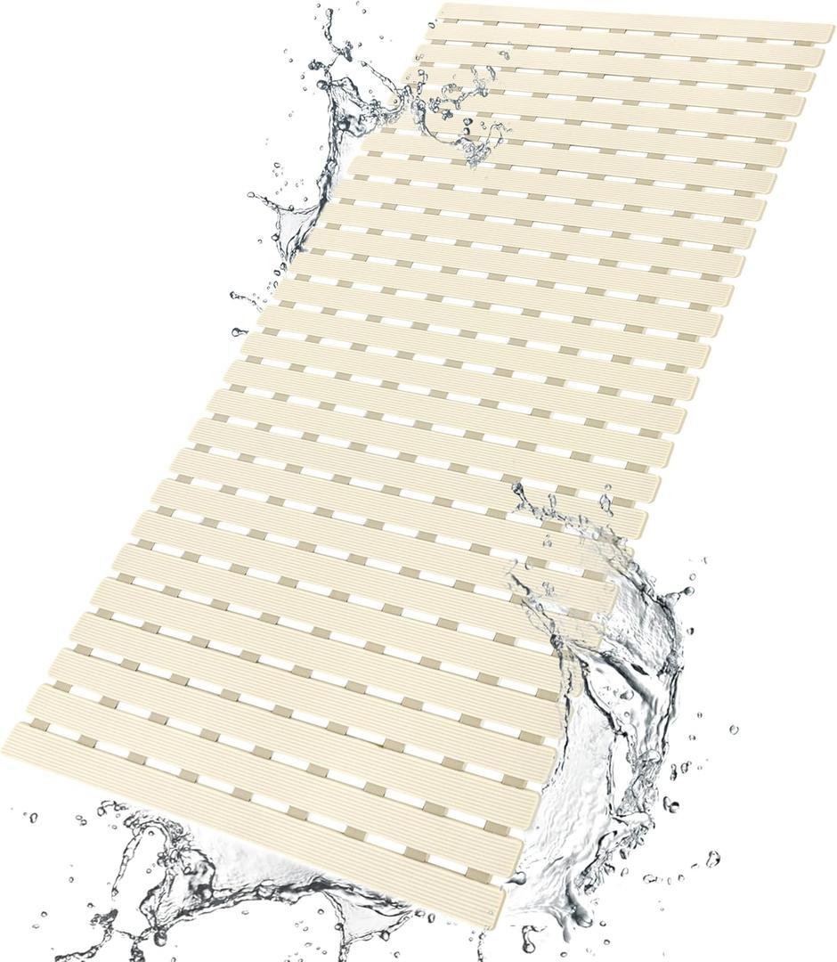 Shower Mat Non Slip Bathtub Mat with Suction Cups and Drain Holes 37.4 x15.7 Inch Bath Mat for Tub & Shower.Easy Dry,Easy to Cut,Eco-Friendly (Beige)