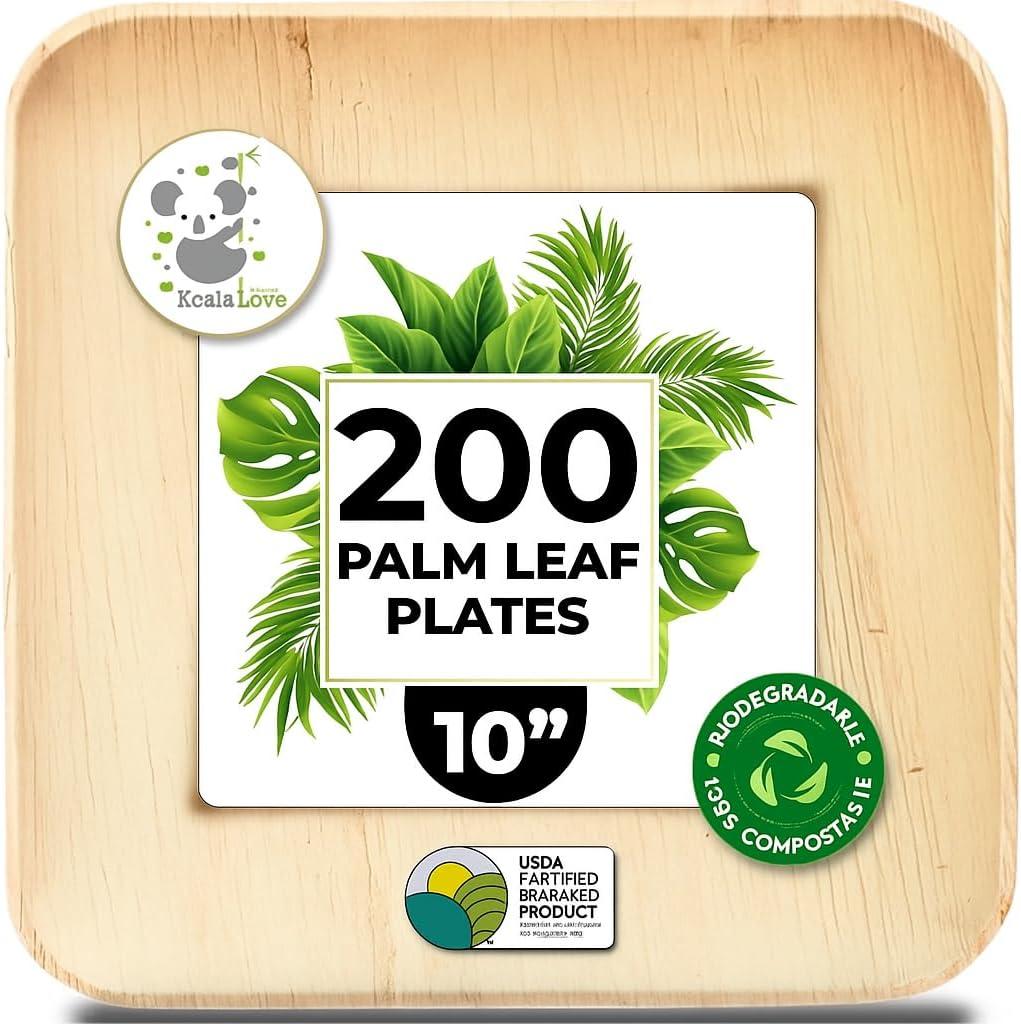 Koala love Palm Leaf Plates Bamboo Disposable Square 10 inch 200 Bulk Party Pack Elegant Sturdy Design Better Than Paper and Plastic Plate (KoalaLove -PLP-10IN-200-Plates)