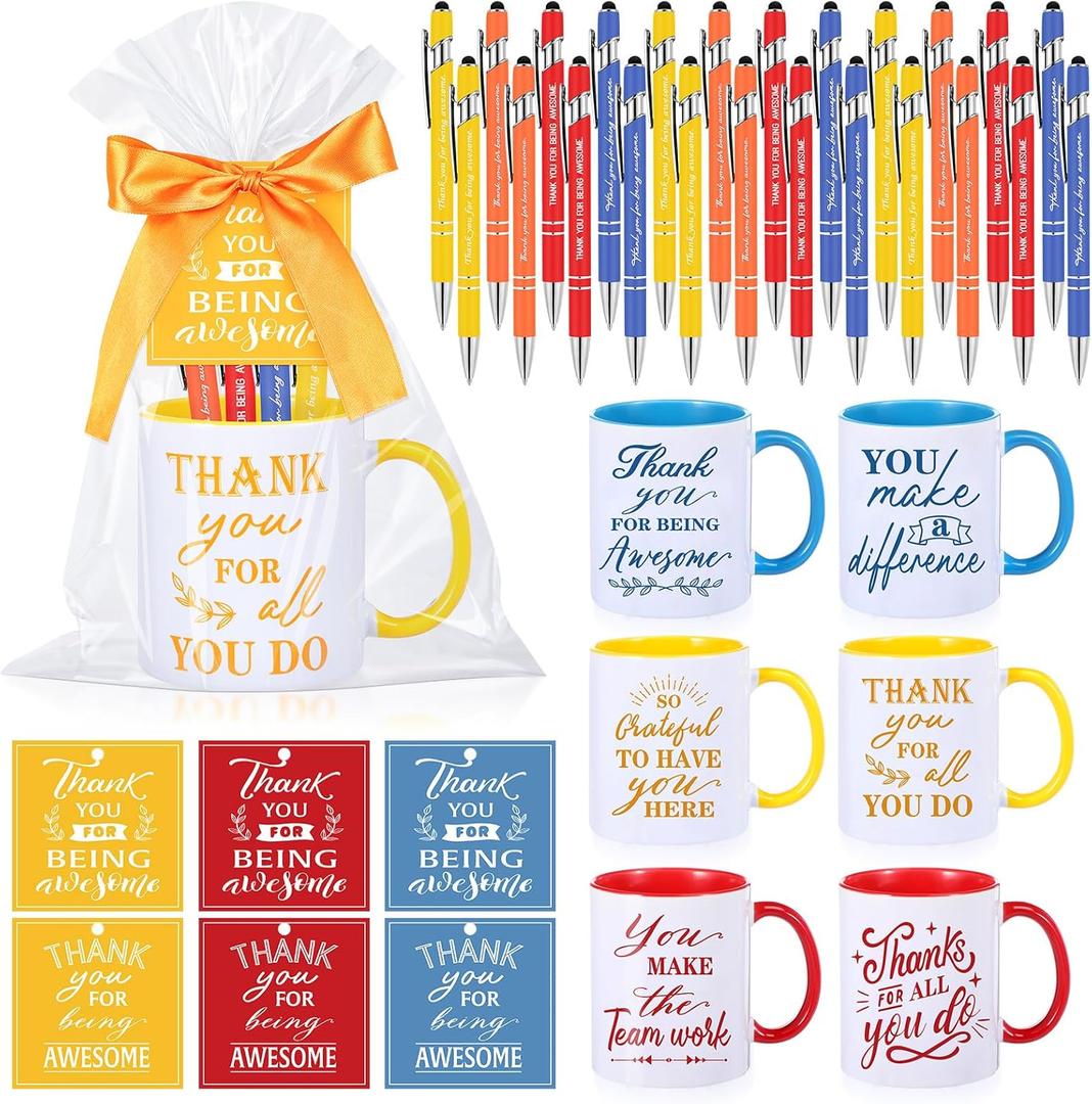 Baderke 36 Pcs Employee Appreciation Gifts Include 6 Set Thank You Staff Mug Gift Set 12 oz Appreciation Mugs Inspirational Pens Tags for Christmas Employee Staff Team(Soothing,Red Yellow Blue)