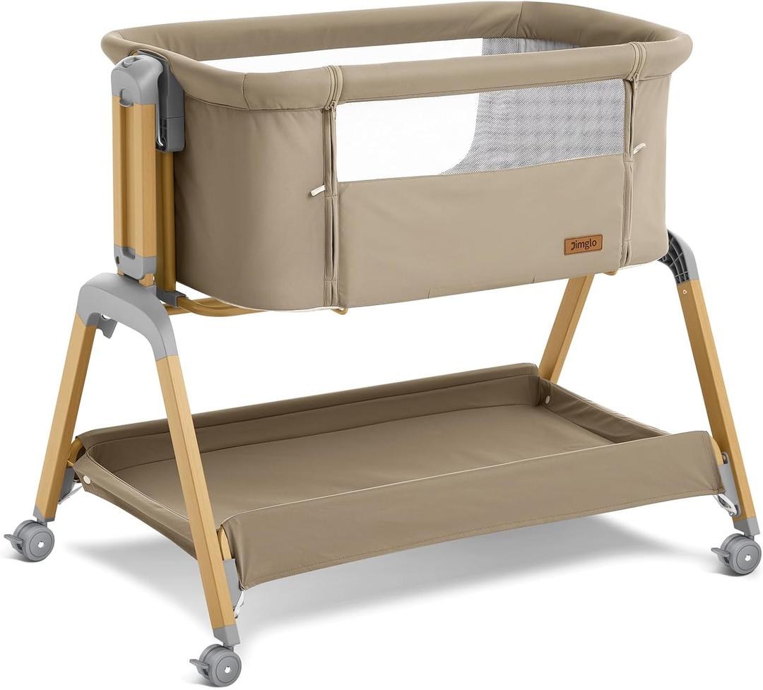 Jimglo 3 in 1 Baby Bassinet, Rocking Bassinets with Comfy Mattress and Wheels, Adjustable Height Bassinet Bedside Sleeper, Easy Folding Portable Crib for Newborn (Khaki)