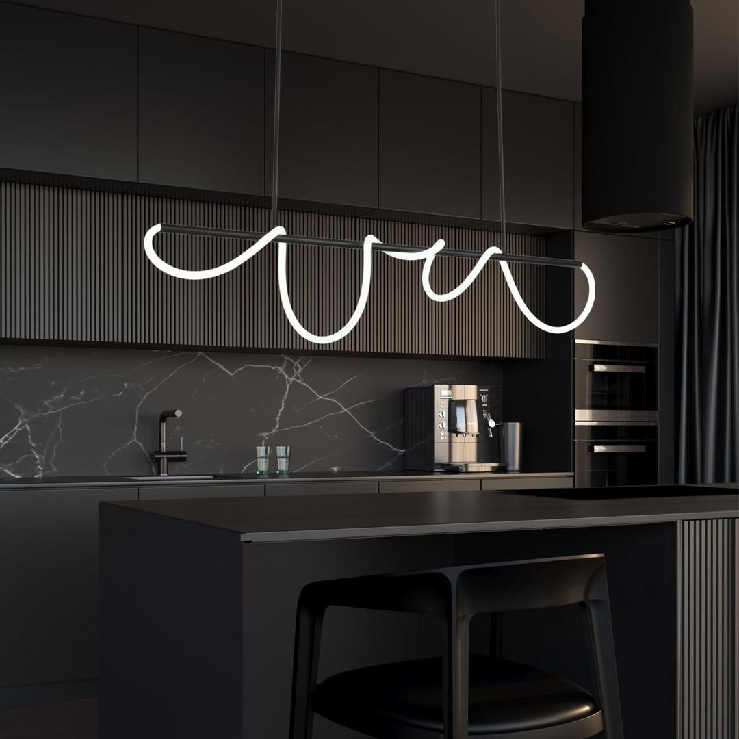 Modern Kitchen Island Light Fixtures 3000K-6500K Black Pendant Lights Fixture with 59.05 inch Soft Silicone Lamp Strip DIY Outlook Modern Linear Chandelier for Table Dining Room Island