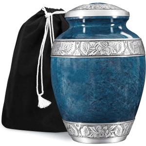 GSM Brands Cremation Urn for Adult Human Ashes - Large Handcrafted Funeral Memorial with Striking Blue Design (Aluminum - 10 Inch Height x 7 Inch Width)