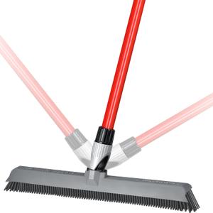 2-in-1 Silicone Rubber Broom Carpet Rake and Squeegee - Swivel Pet Hair Removal Broom with Long Handle - Slanted Side Bristles for Corners - Multipurpose Rubber Broom for Carpet, Hardwood Floor, Tile (4 Piece Handle)