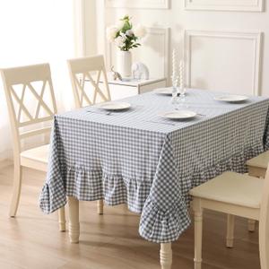 Dust Blue White Plaid Ruffled Table Cloth Rectangular for Seat 8-10, 100% Washed Cotton Buffet Cottage Coquette Checker Gingham Vintage Decorative Tablecloth - 120"x60"