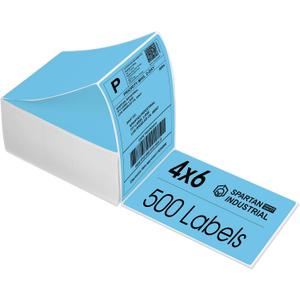 Spartan Industrial - 4" X 6" Blue Direct Thermal Fanfold Labels (500 Count, 1 Stack) - Printable Postage Shipping Labels, Package Identification - Compatible with Zebra and Rollo Printers